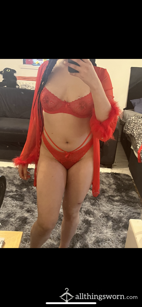Red Bra And Knickers With Red Gown With Fluffy Cuffs