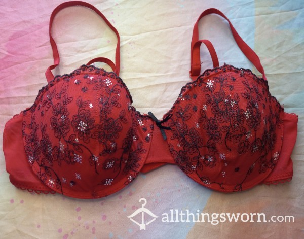 Red Bra With Embroidered Flowers