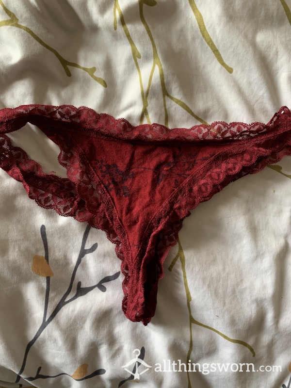 Red Cotton And Lace Thong