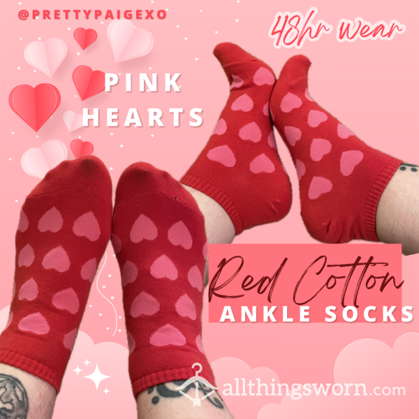 Red Cotton Ankle Socks 👣💋 Pink Hearts 💗😘 Worn 48hrs 😏💖