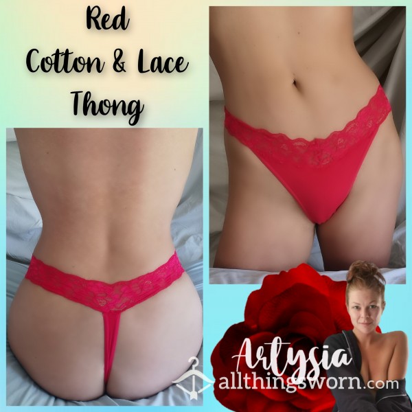 Red Cotton & Lace Thong
