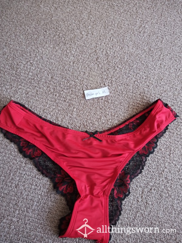 Red Cotton Pantys With Black Lace Trim And Black Front Bow Size M