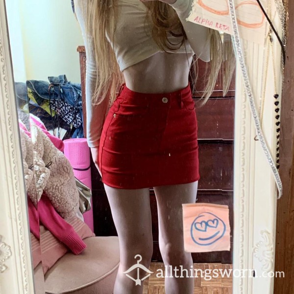 Worn Red Denim Skirt