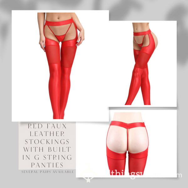 🛒🖼️💗Stock Photo Used 💗 Red Faux Leather Stockings With Built In G String Panties 💗 Additional Photos Included In Listing 💗