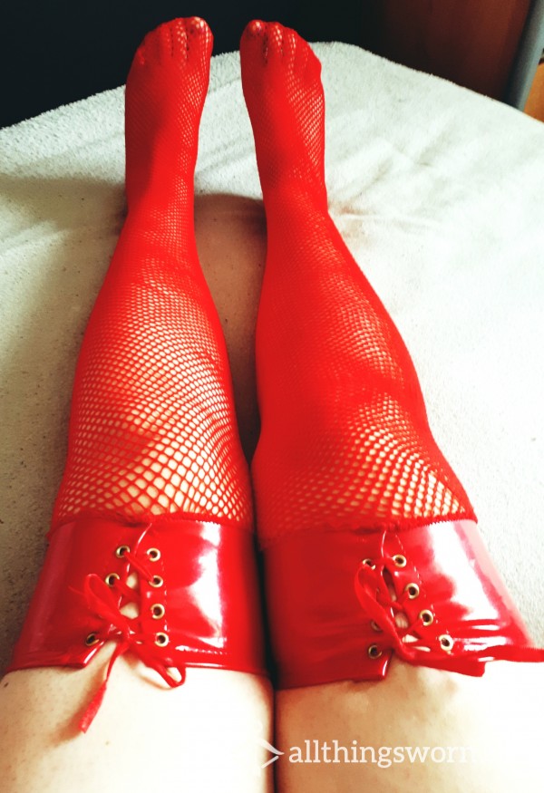 Red Fishnet Stockings With Pvc Trim
