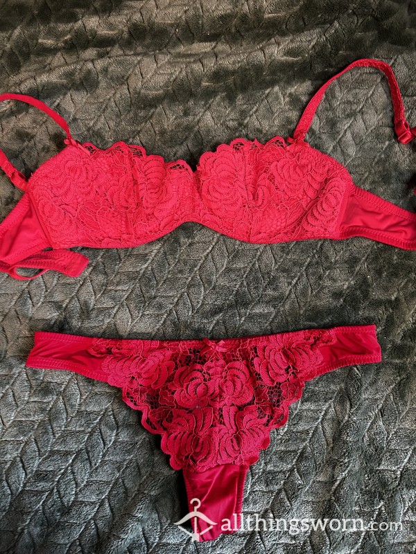 Red Floral Lace Matching Bra Thong Set Lingerie