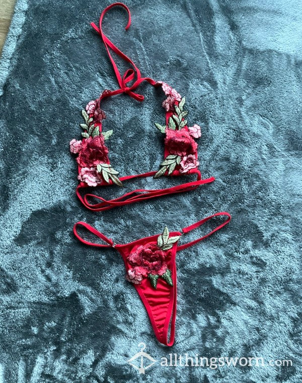 Red Floral Lace Up Bra & Panty Set