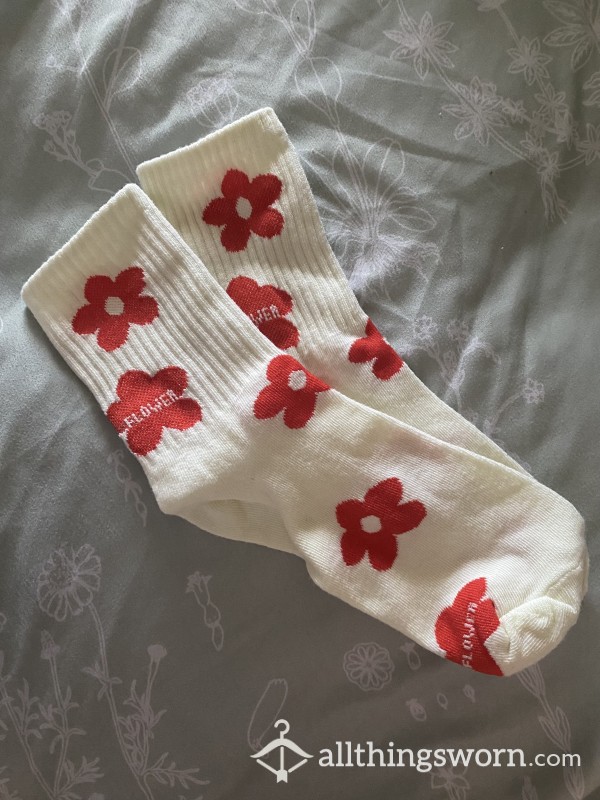 Red Flower Crew Length Socks