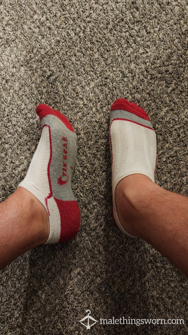 Red, Gray, And White Ankle Socks