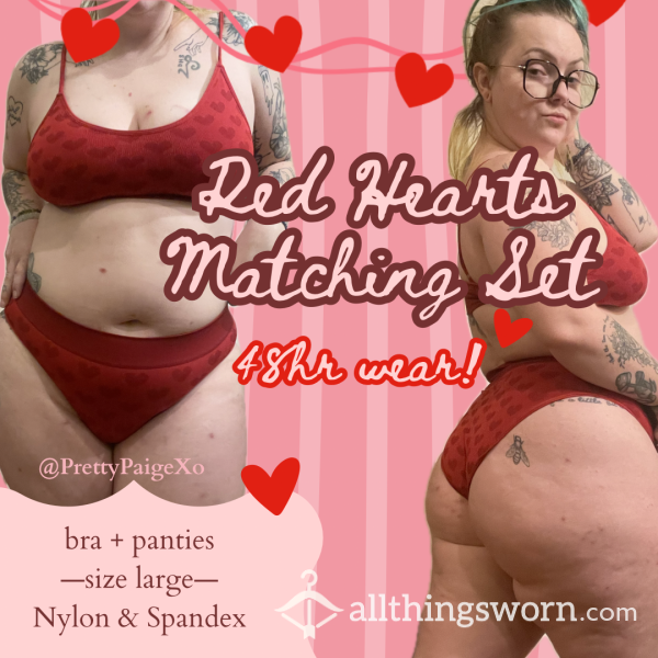 Red Hearts Set ❣️ Matching Bra & Panties ❤️ Large, Nylon & Spandex — 48hr Wear 😘