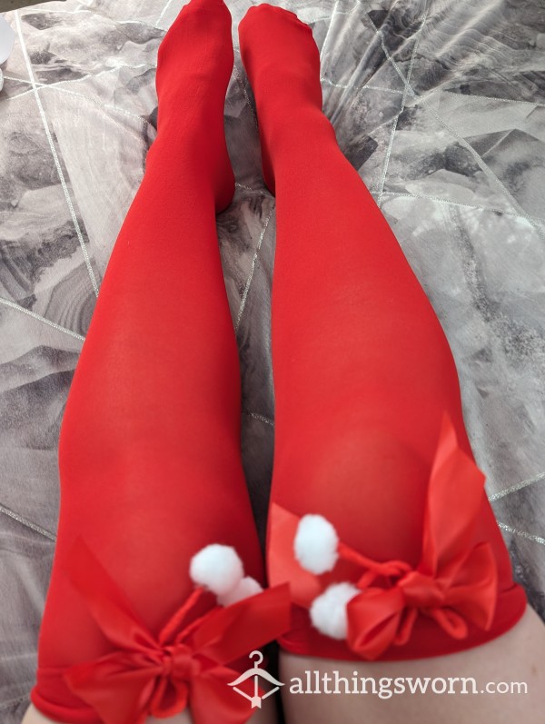 Red Knee High Sock Tights With Cute Detail