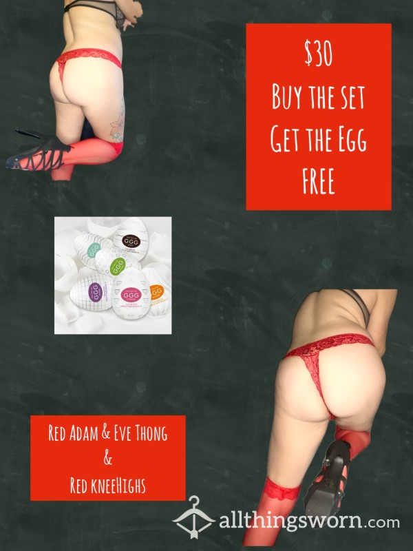 Red Lace Adam & Eve Thong, Knee Highs & Tenga Egg