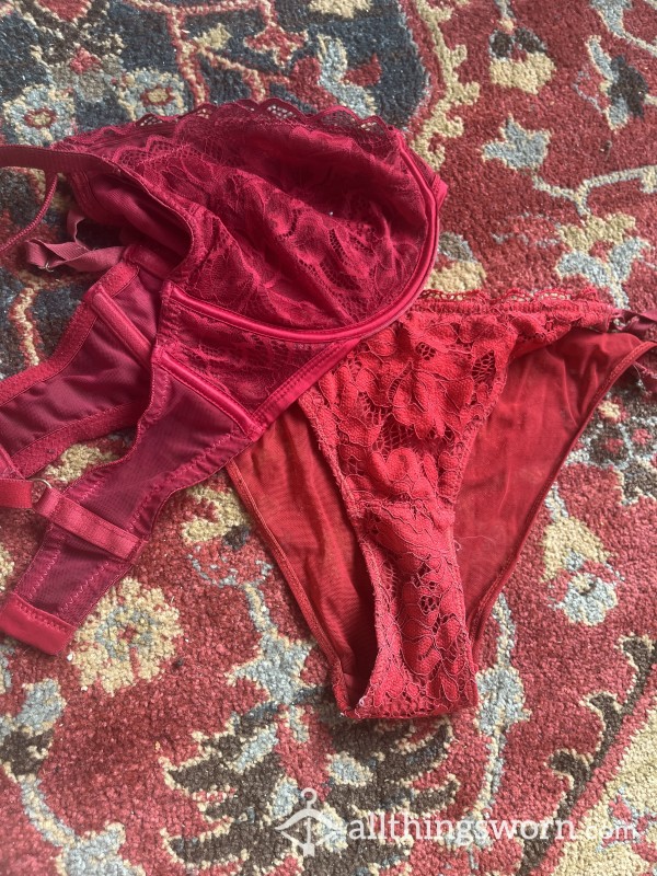 Well Used Red Lace Bra And Panties