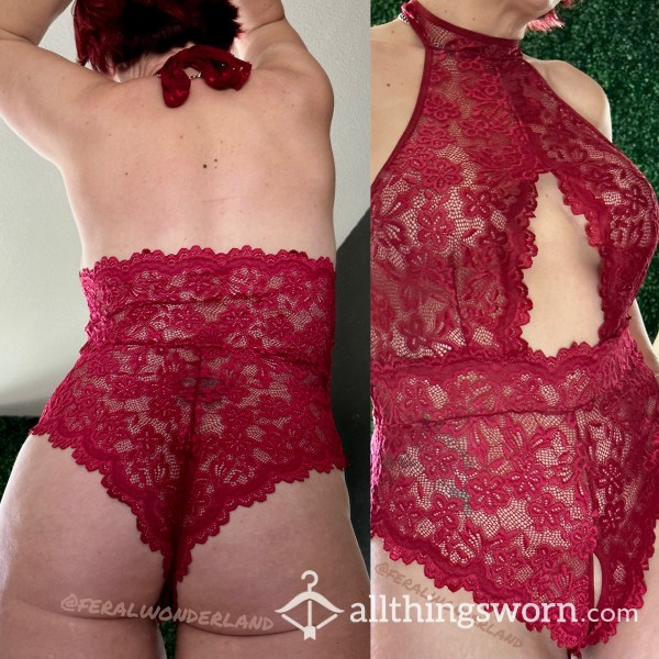 Red Lace Crotchless Bodysuit-ready To Customize Just For You