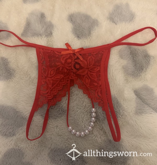Red Lace Crotchless Panty With Pearls
