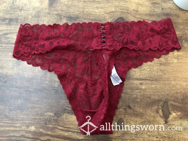 Red Lace Lace-up Thong - Size Medium