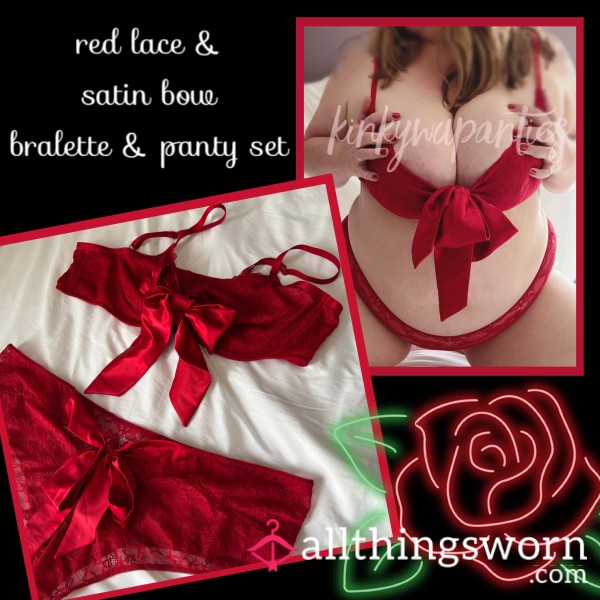 Red Lace & Satin Bow Bralette & Panty Set - Includes 2-day Wear, 5-photo Set & U.S. Shipping