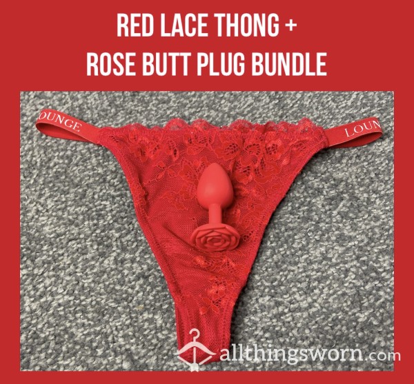 Red Lace Thong + Rose Butt Plug Bundle🌹