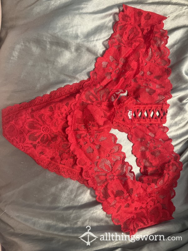 Red Laced Thong With Criss Cross Detailing Above Ass, Well Worn. 💋❤️