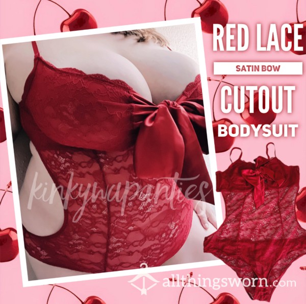 Red Lace/Satin Bodysuit - Includes 5-pic Photo Set, 2-day Wear & U.S. Shipping