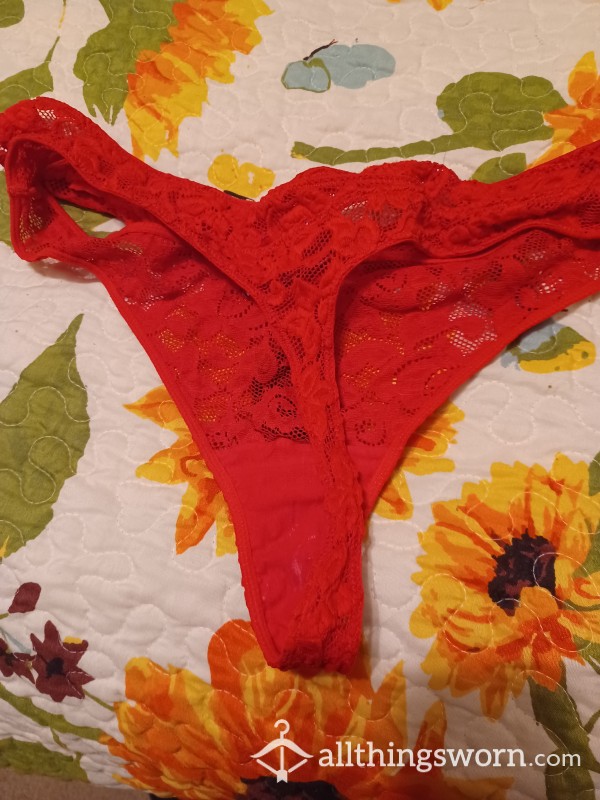 Red Lacey Thongs Just Used. Wet And Ready.