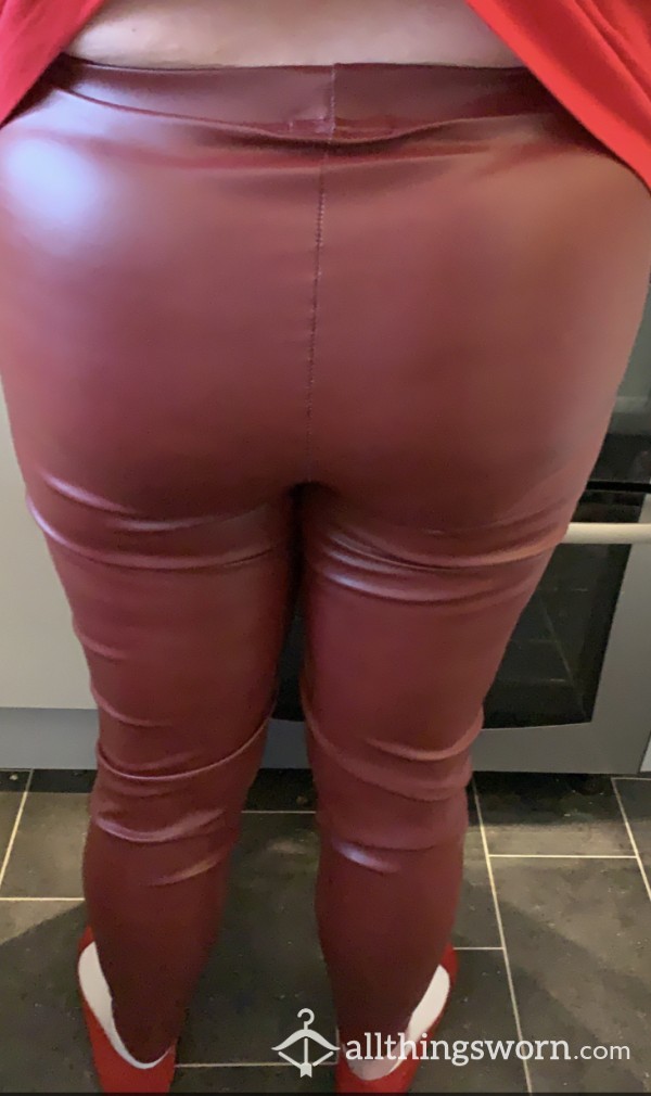 Red Leather Look Trousers Worn