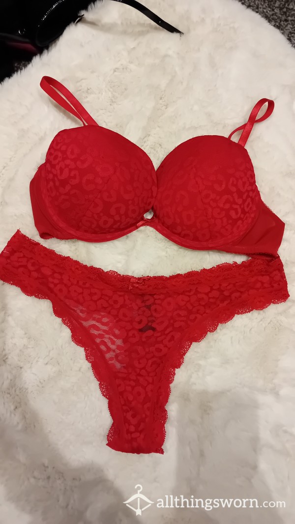 Red Leopard Lace Bra And Thong. Well Worn.