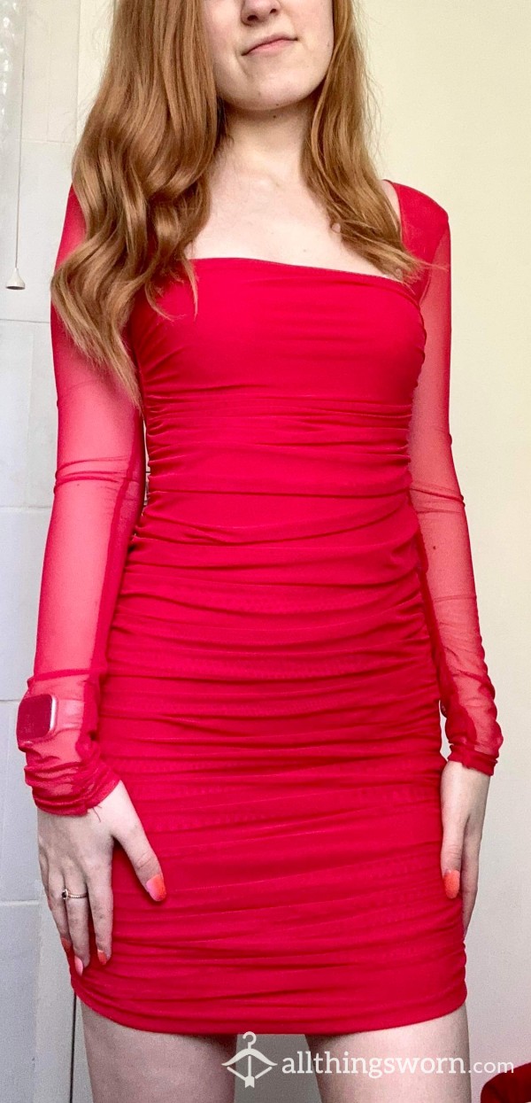 Red Mesh Sleeve Bodycon Dress
