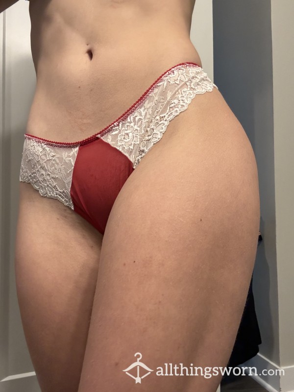 Red Mesh, White Lace Holiday Thong (S)