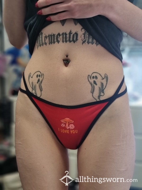 ♡ Red Mushroom ‘I Love You’ Print Thong ♡ Size S ♡ 24hr/12hr/video Request Wear ♡