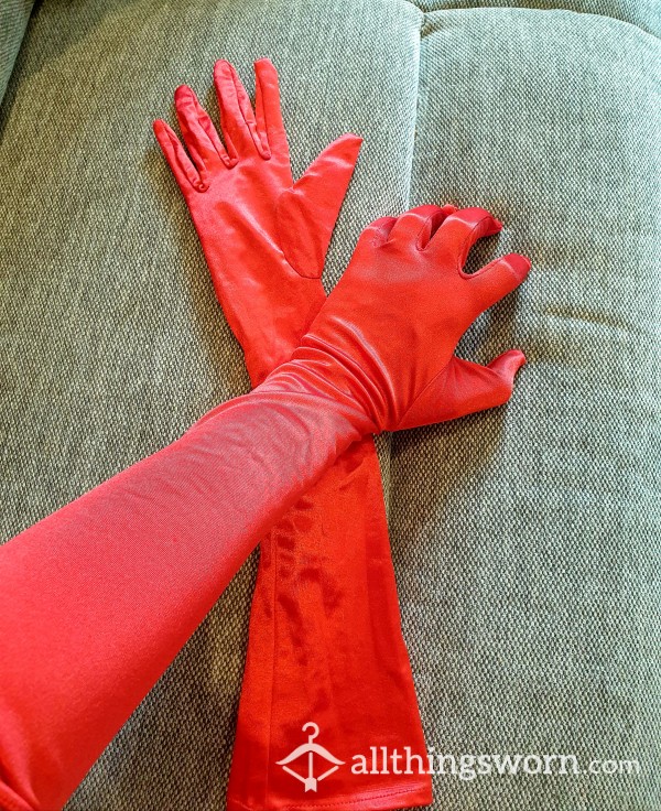 Red, Satin, Elbow Length, Well Worn, Gloves