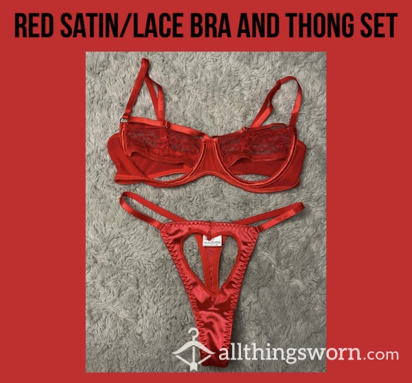 Red Satin/lace Bra And Thong Set💋