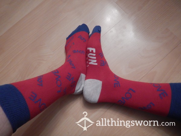 Red Socks With Blue Lettering "love"- 48h Wear