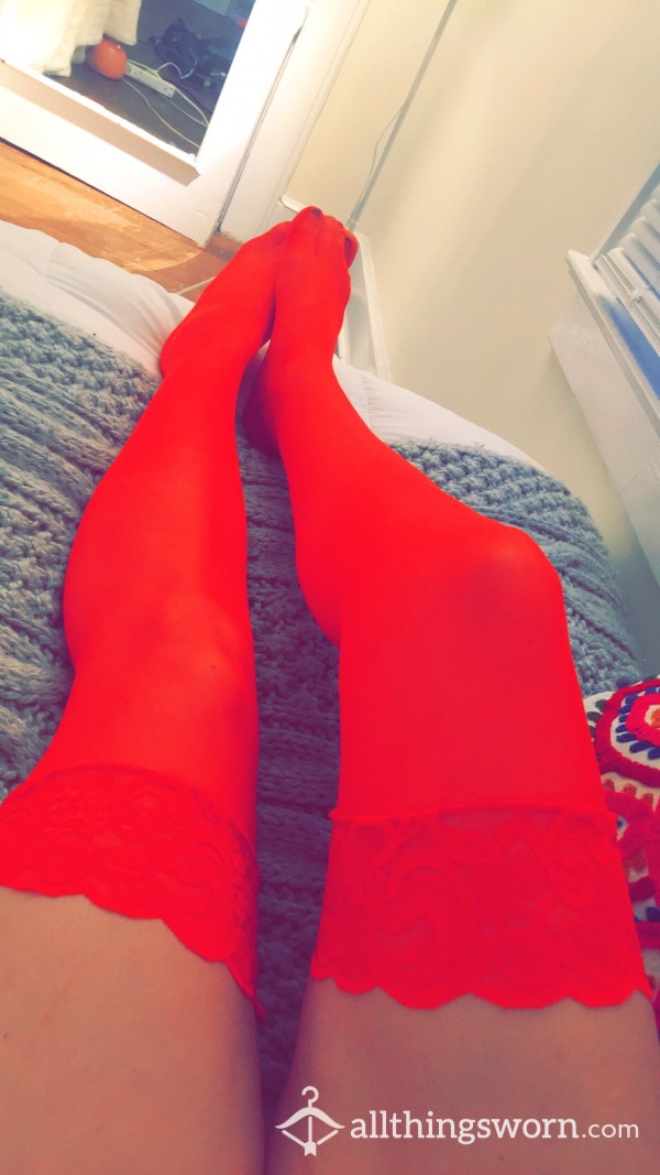 Red Thigh High Worn Stockings