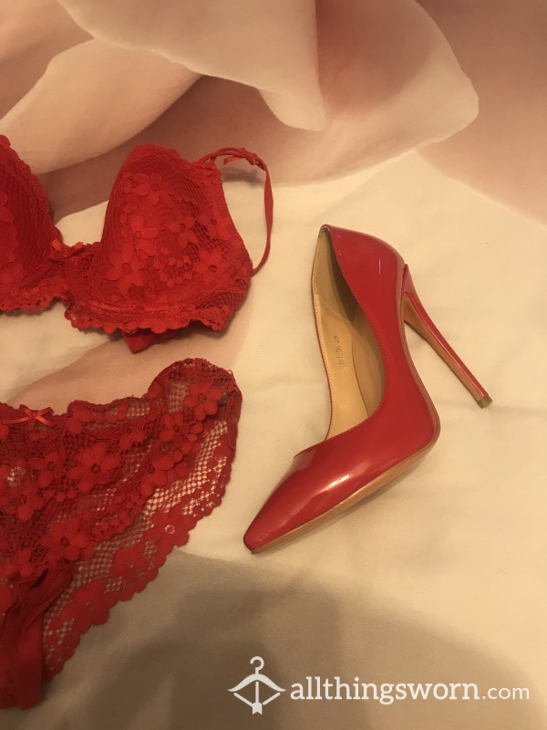 ( Pics ) Red Under Wear And 12cm Red Patient Leather Heels