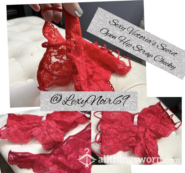 Red Victoria’s Secret Open Hip 3-Strap Lacy Cheeky
