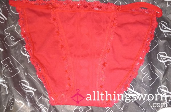 Red With Heart Patterns And Lace Detail Victoria's Secret "Pink" Brand Panties.  String Bikini, Size Small.