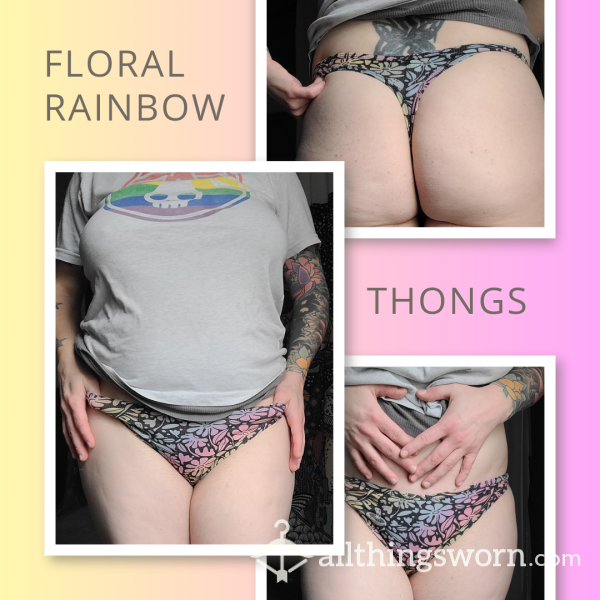 🌈 Ribbed Cotton Thong, Rainbow Floral ~ Worn To Your Pleasure