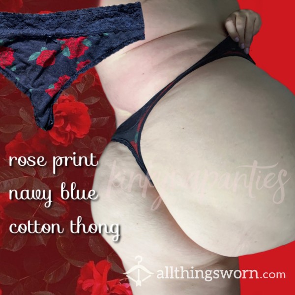 Rose Print Navy Blue Cotton Thong - Includes 48-hour Wear & U.S. Shipping