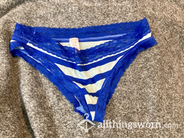 Royal Blue Striped Panties Lace Edging