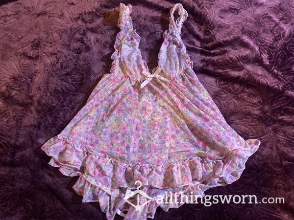 Ruffle Pink And Purple Floral Victoria Secret Babydoll 3 Nights Wear