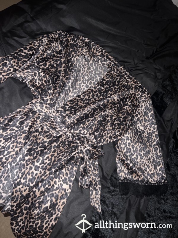 Satin Leopard Print Robe With Lace Cuff Sleeves