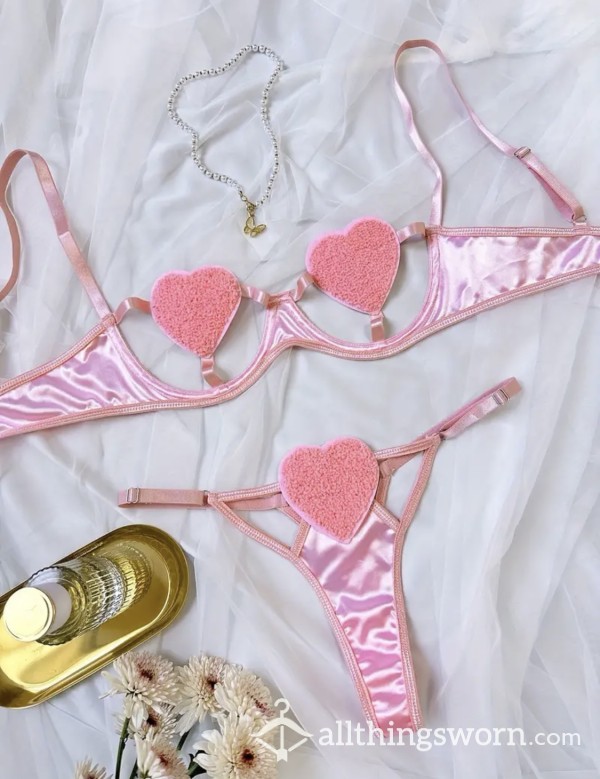 Satin Pink Heart Lingerie Set | Size S | Comes With Wear Pic