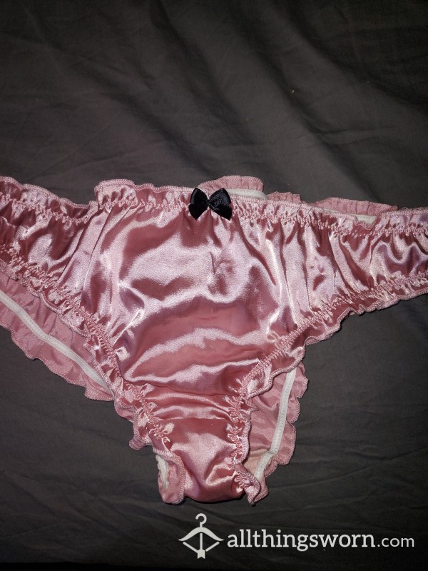 Satin Pink Raffles Bow Bikini Full Back Panties, Cotton Gusset, Size M