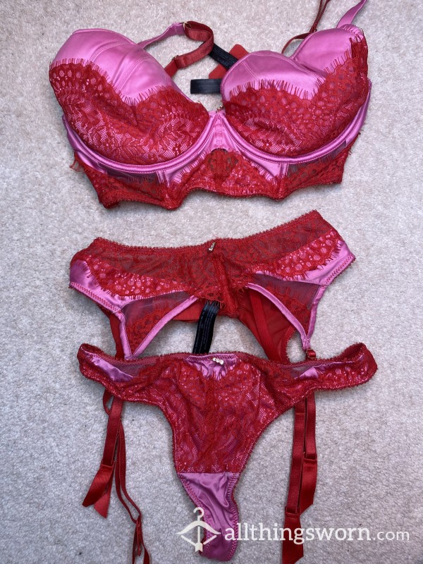 Satin Pink & Red Full Bra, Thong, Suspender Set