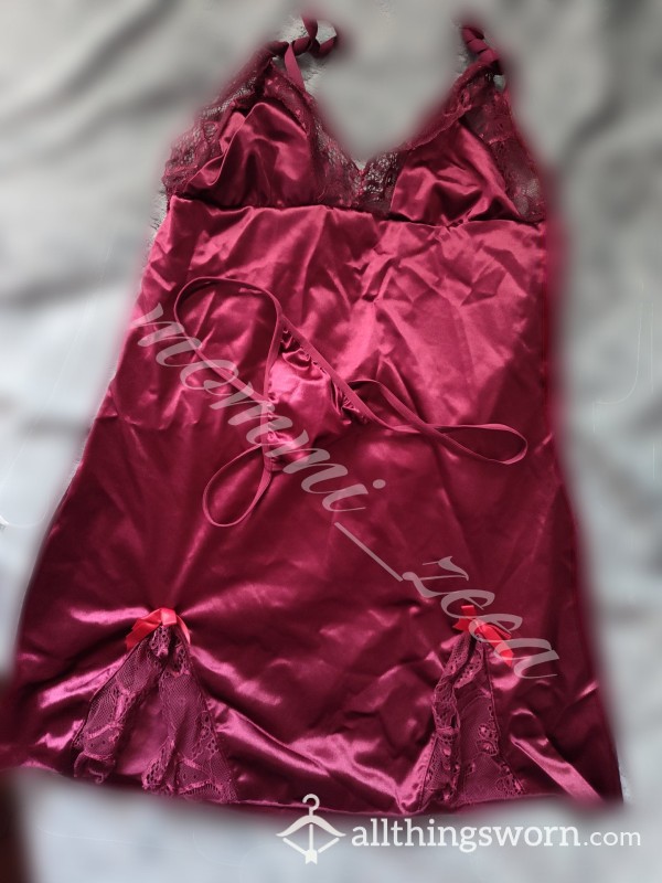 Satin Red Night Gown With Matching Panties