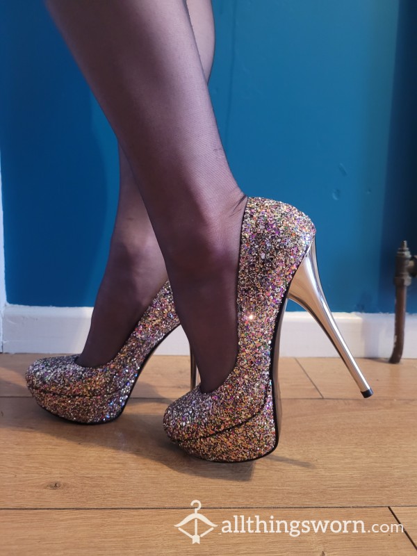 Schuh Pole Dancing Glitter Heels Size 5 Worn With Nylon Stockings, Both Included