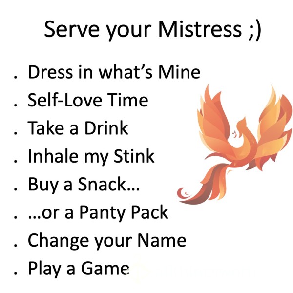 Serve Your Mistress ;) Game!  Choice Of Gentle Or Strict Task For Each Category ;)