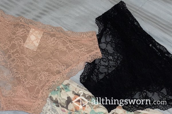 Set Of 2 Well Worn See Through Lace Thongs With Stains And Smell