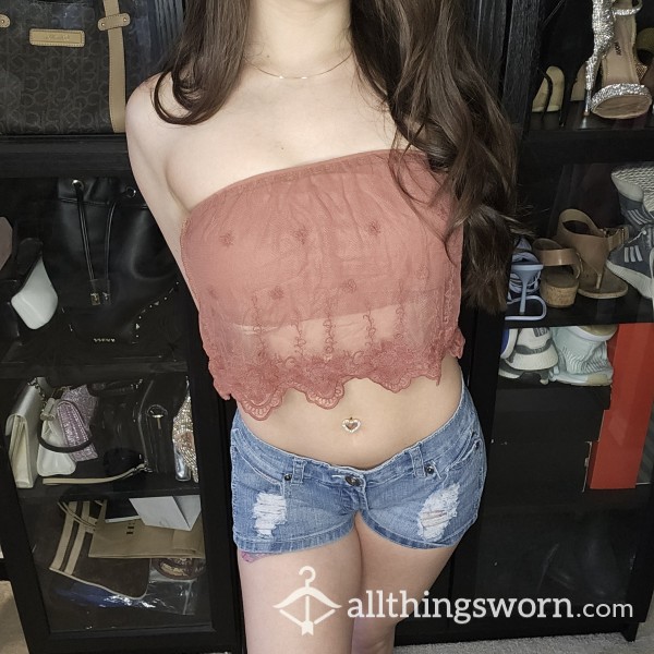 Sexy 2 Piece Set Maroon Lace Strapless Cropped Top Tube Top & Booty Shorts Blue Denim Jean Shorts Asian Japanese Fitness Petite Model